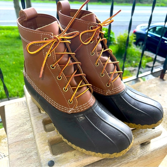 LL Bean Men’s 9M Duck Boots Tan Leather Brown Rubber 6 Eye Maine USA 8 Inch - Picture 1 of 11